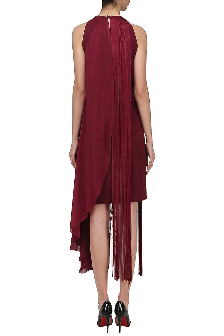 Maroon fringe halter neck dress available only at Pernia's Pop Up Shop.