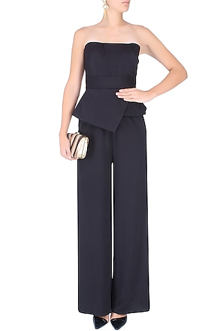 Black Peplum Style Tube Panelled Jumpsuit by Swatee Singh