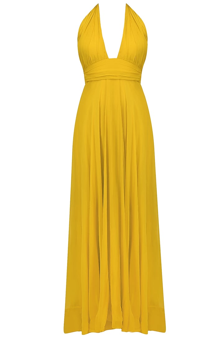 Mustard Yellow Criss Cross Neck Retro Gown by Swatee Singh