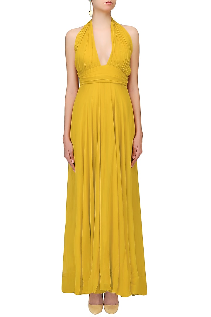 Mustard yellow criss cross neck retro gown available only at Pernia's Pop Up Shop.