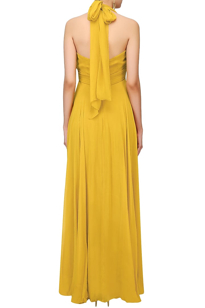 Mustard yellow criss cross neck retro gown available only at Pernia's Pop Up Shop.