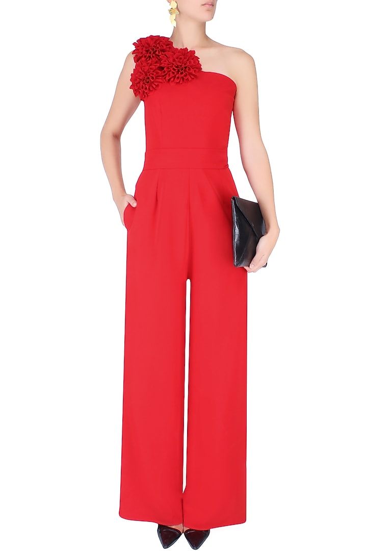 Crimson red one shoulder flower jumpsuit available only at Pernia's Pop Up Shop.
