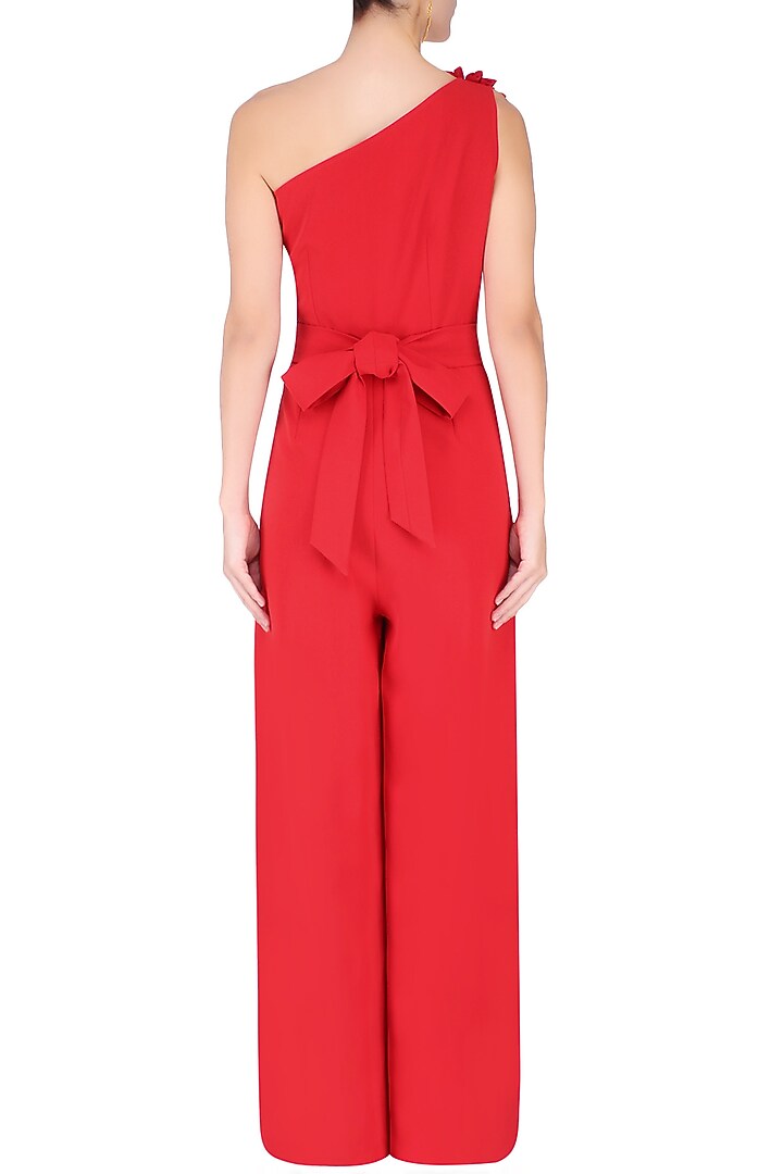 Crimson red one shoulder flower jumpsuit available only at Pernia's Pop Up Shop.