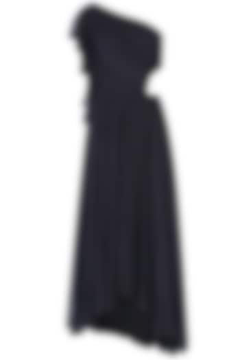 Black One Shoulder Cut Out Ruffle Maxi Dress by Swatee Singh