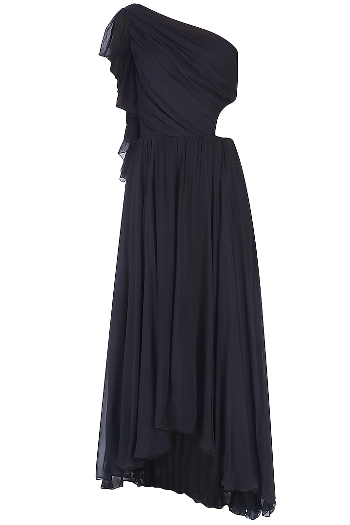 Black One Shoulder Cut Out Ruffle Maxi Dress by Swatee Singh