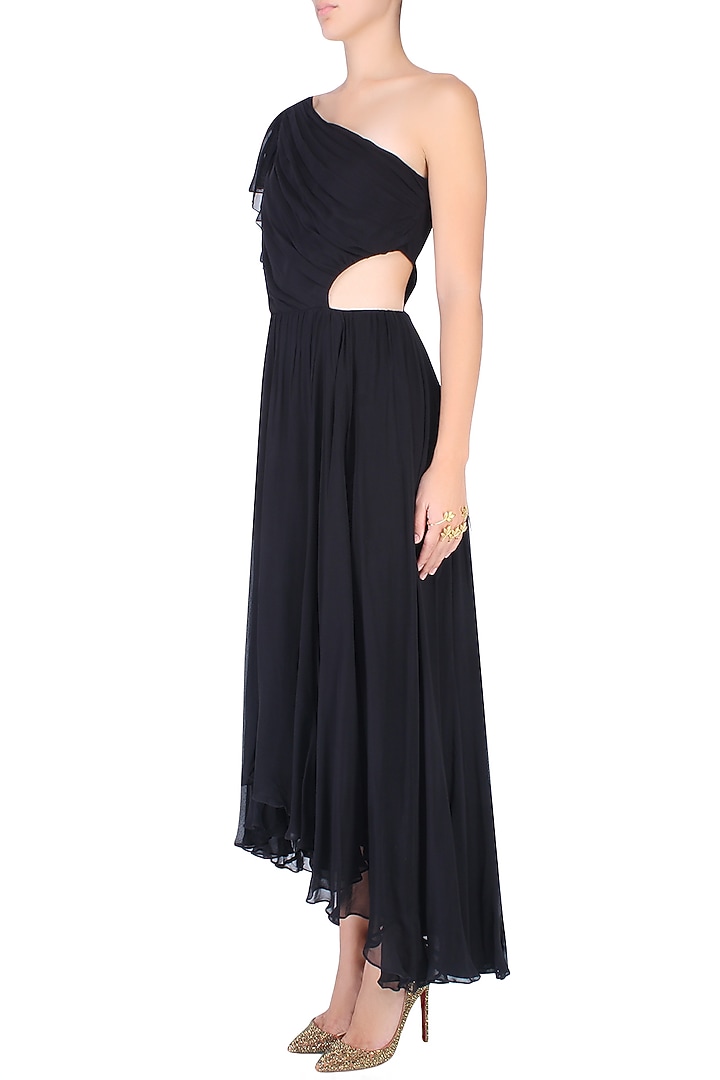 Black one shoulder cut out ruffle maxi dress available only at Pernia's Pop Up Shop.