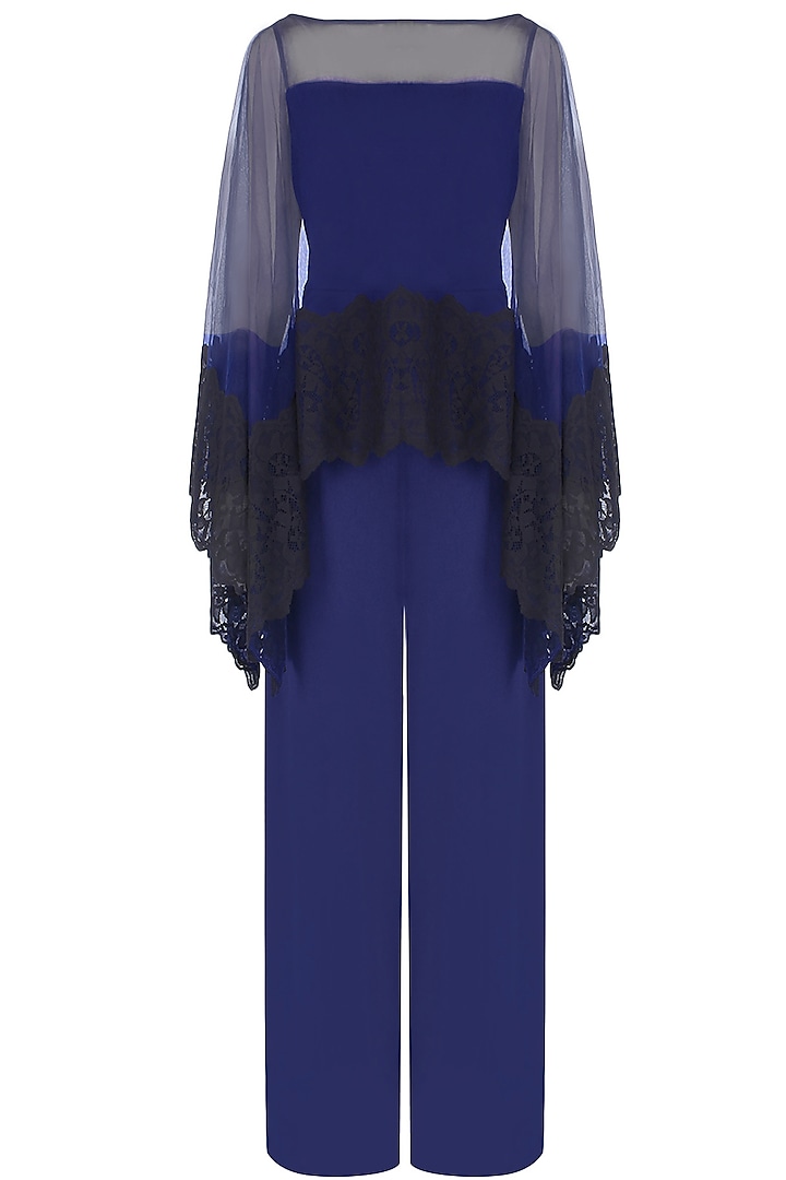 Navy Blue Jumpsuit With Lace Applique Sheer Cape Overlay by Swatee Singh