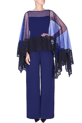 Navy Blue Jumpsuit With Lace Applique Sheer Cape Overlay by Swatee Singh