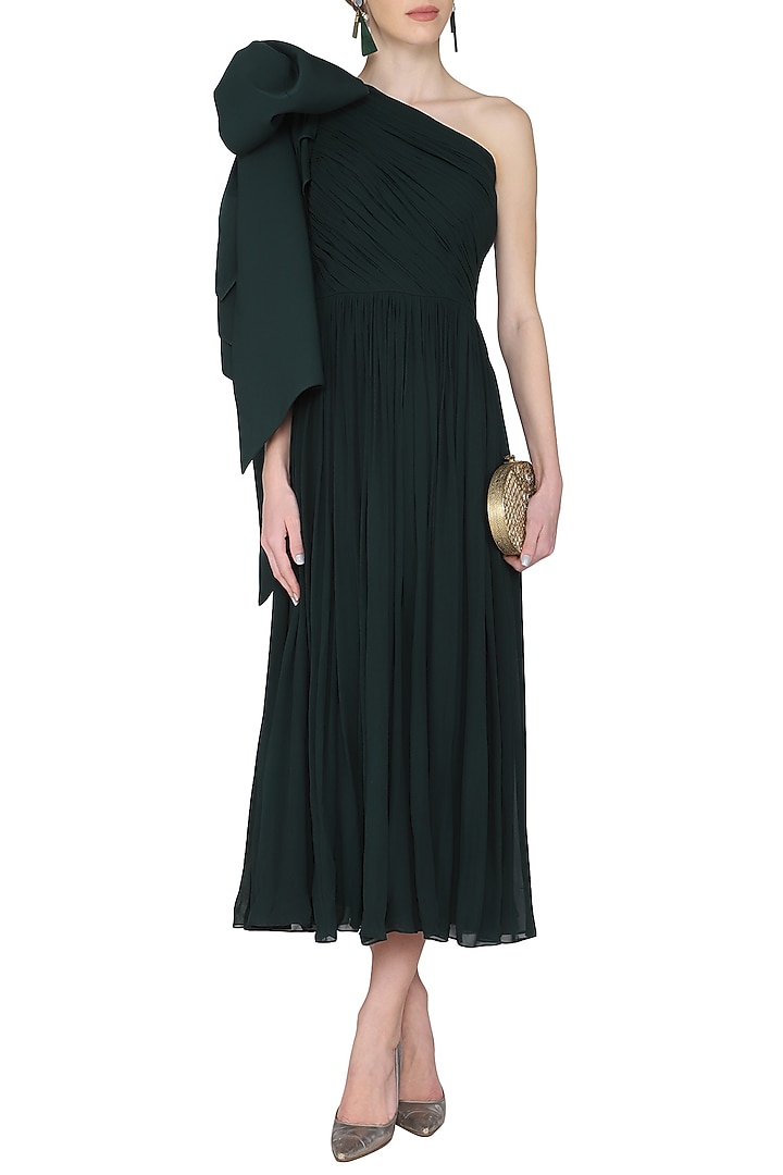 Green one shoulder pleated dress available only at Pernia's Pop Up Shop.