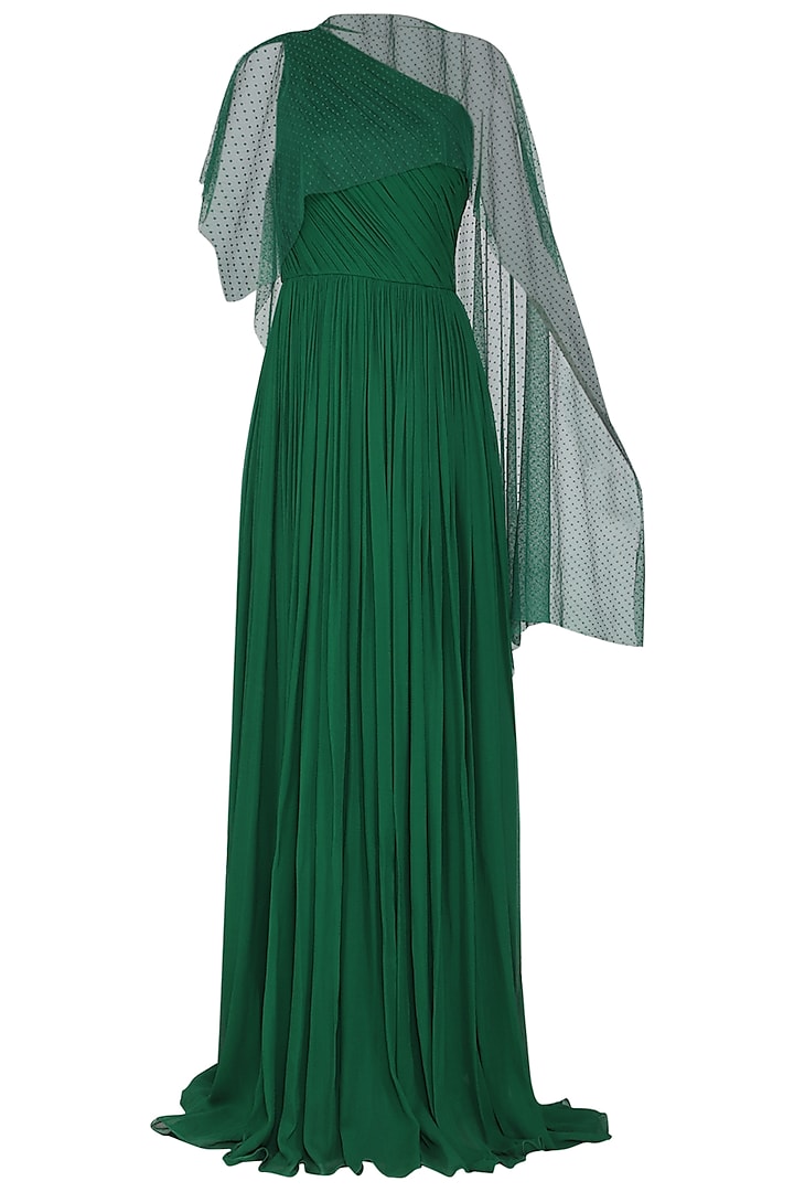 Dark Green One Shoulder Pleated Gown by Swatee Singh