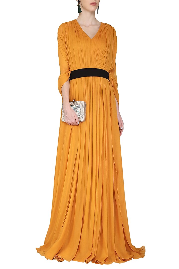 Mustard gown with kaftan drape available only at Pernia's Pop Up Shop.