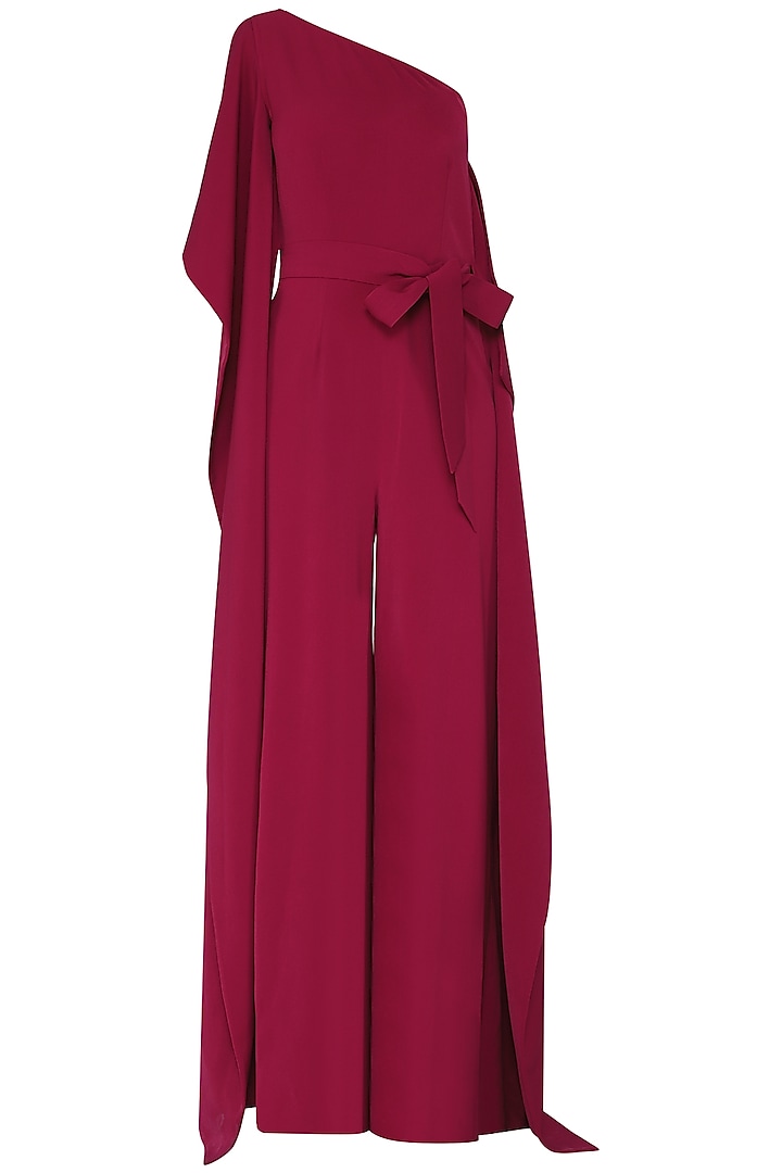 Red One Shoulder Drape Jumpsuit by Swatee Singh