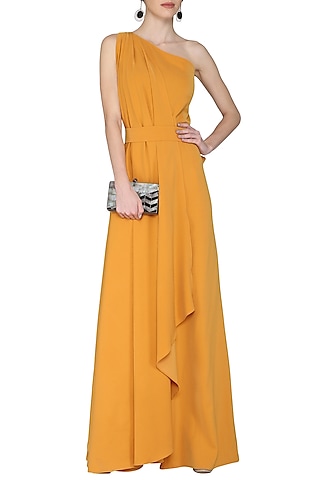 Mustard Drape Wide Leg Jumpsuit by Swatee Singh