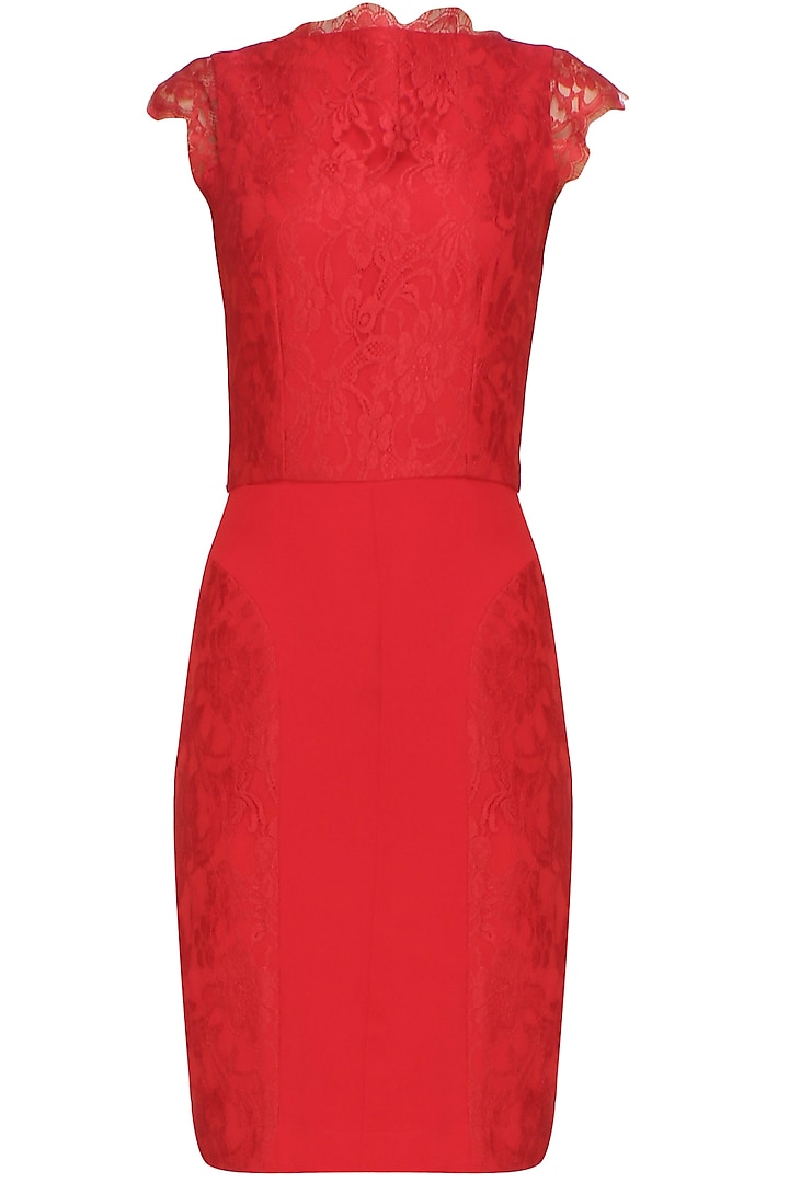 Crimson red lace curva wiggle dress by Swatee Singh