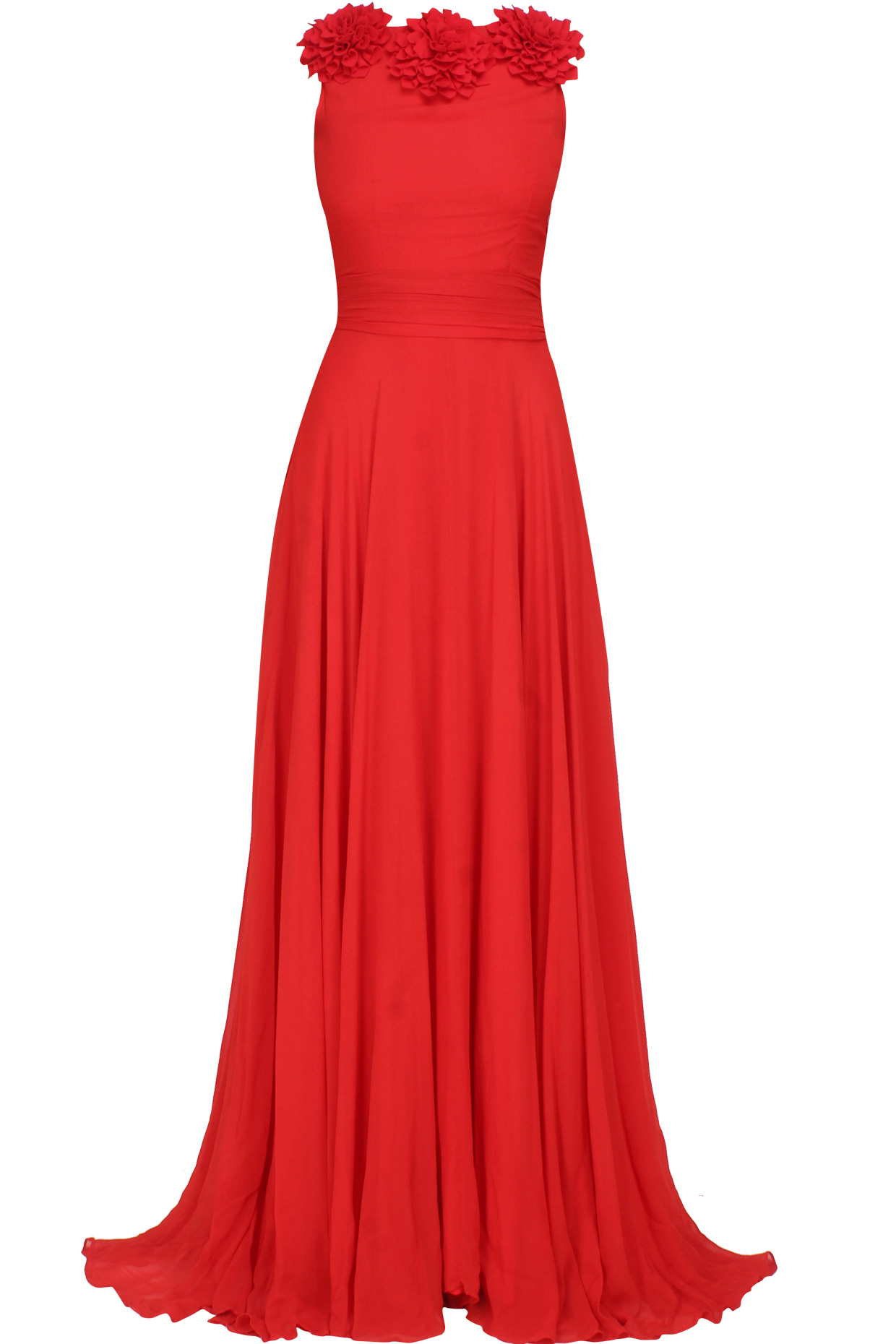 Red floral applique work flared drape panel gown available only at Pernia's Pop Up Shop.