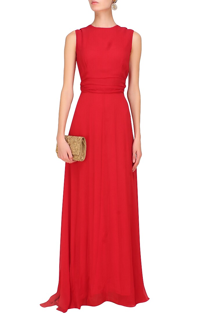 Crimson red draped panel fit and flared gown available only at Pernia's Pop Up Shop.
