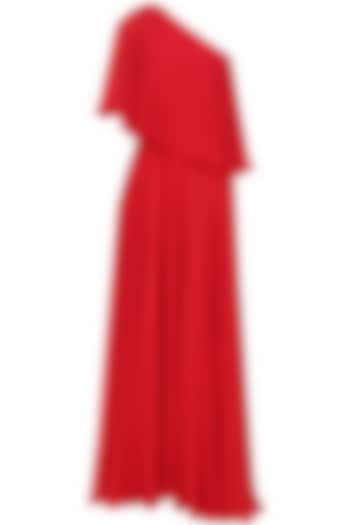 Crimson red one shoulder retro flared cape gown available only at Pernia's Pop Up Shop.