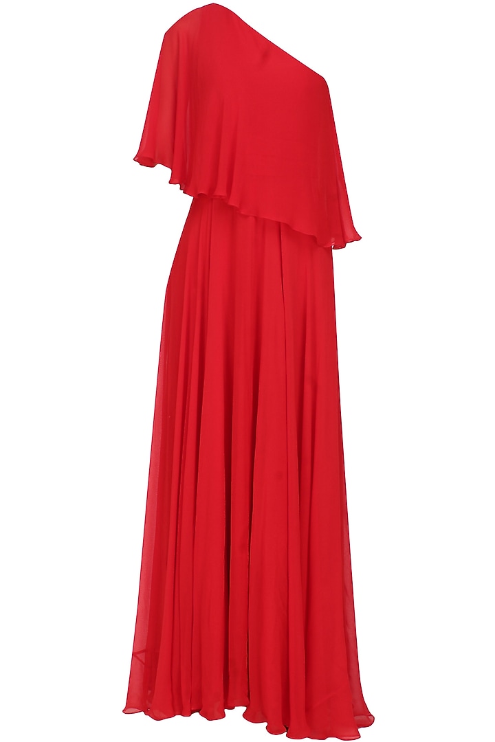 Crimson red one shoulder retro flared cape gown available only at Pernia's Pop Up Shop.