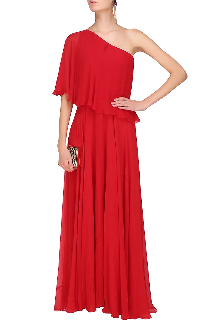 Crimson red one shoulder retro flared cape gown available only at Pernia's Pop Up Shop.