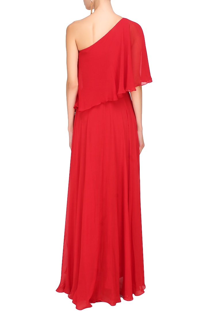 Crimson red one shoulder retro flared cape gown available only at Pernia's Pop Up Shop.