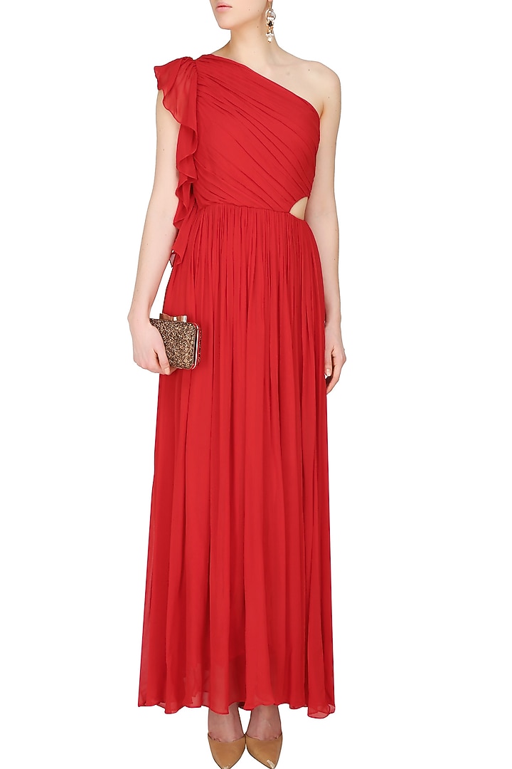 Crimson red one shoulder ruffled cutout maxi dress available only at Pernia's Pop Up Shop.