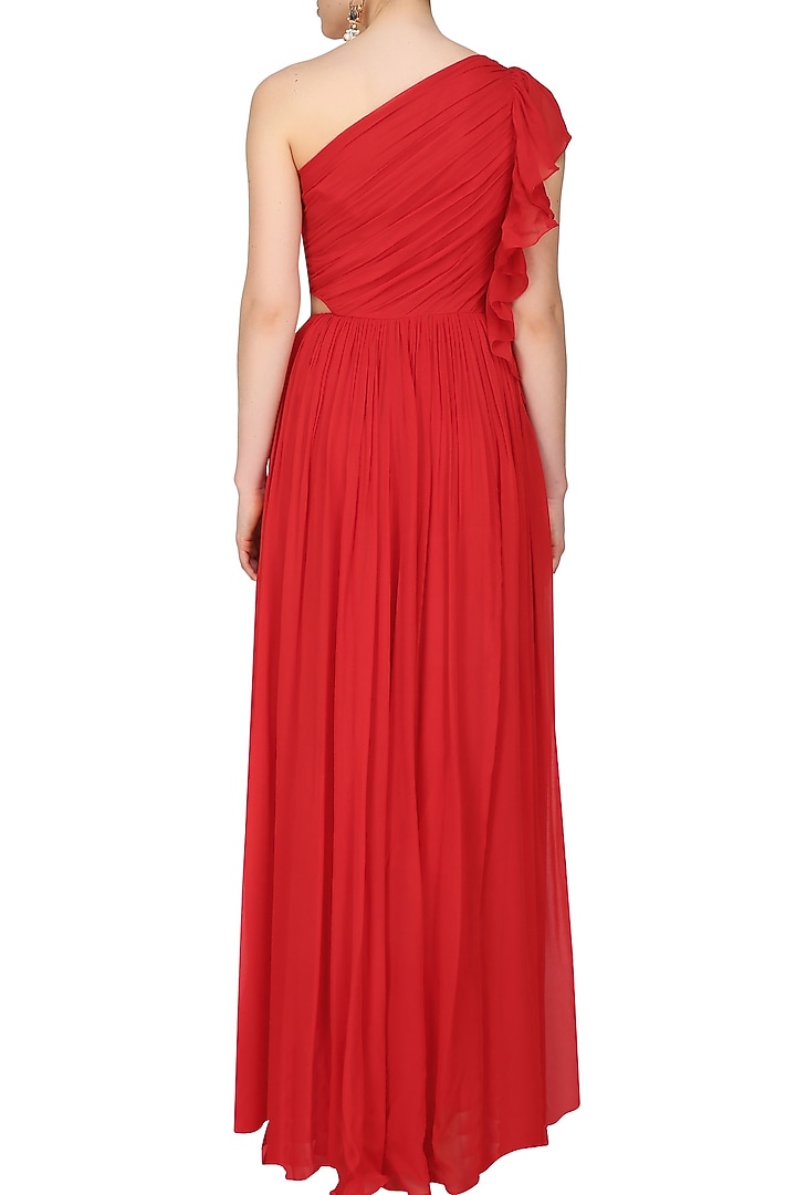 Crimson red one shoulder ruffled cutout maxi dress available only at Pernia's Pop Up Shop.