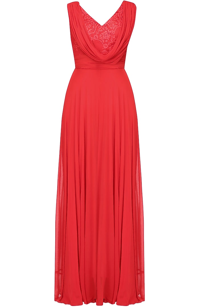 Crimson red floral lace one shoulder cowl neck flared gown available only at Pernia's Pop Up Shop.