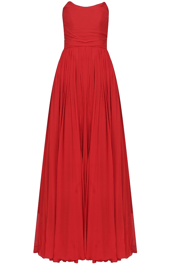 Crimson red tube pleated fit and flared gown by Swatee Singh