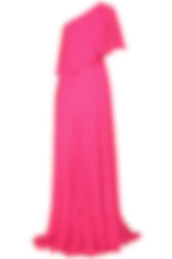 Fuchsia pink one shoulder retro flared cape gown by Swatee Singh