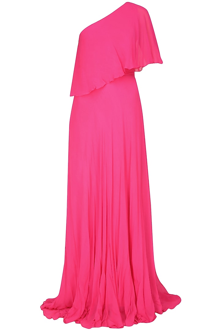 Fuchsia pink one shoulder retro flared cape gown by Swatee Singh