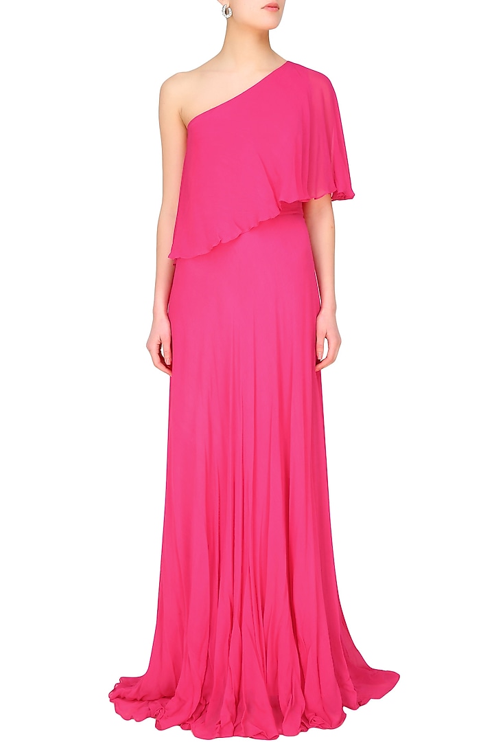Fuschia pink one shoulder retro flared cape gown available only at Pernia's Pop Up Shop.
