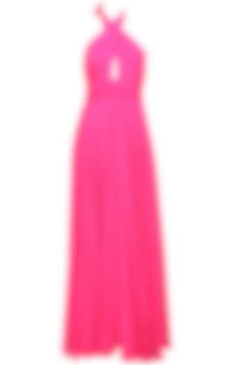 Fuschia pink pleated crossover flared gown by Swatee Singh