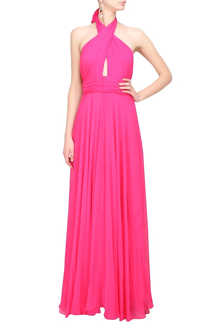 Fuschia pink pleated crossover flared gown available only at Pernia's Pop Up Shop.