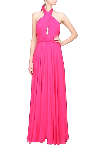 Fuschia pink pleated crossover flared gown by Swatee Singh
