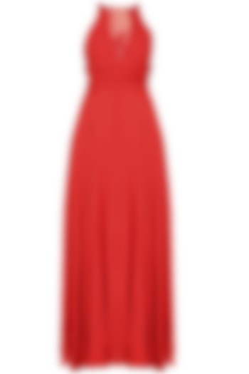 Crimson red sheer neck retro flared gown by Swatee Singh