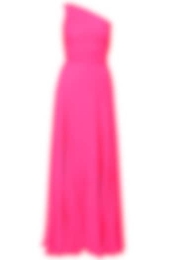 Fuchsia pink one shoulder retro flared gown by Swatee Singh