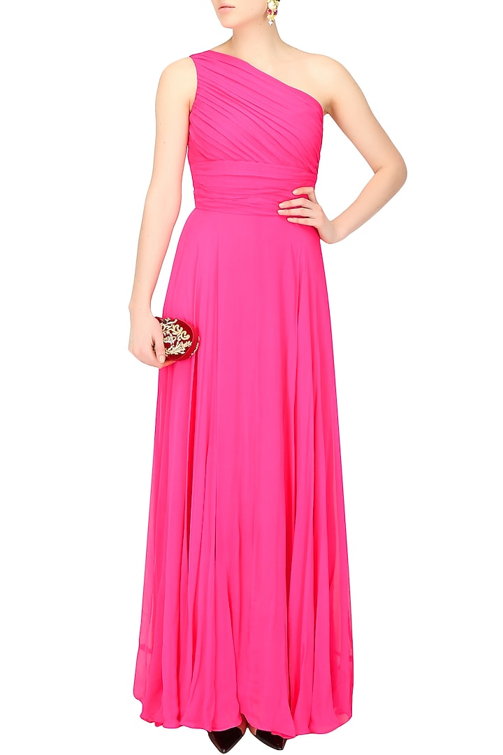 Fuschia pink one shoulder retro flared gown available only at Pernia's Pop Up Shop.