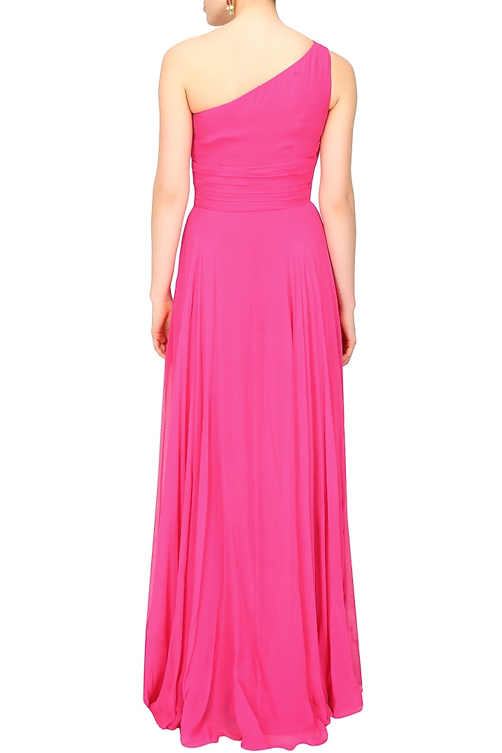 Fuschia pink one shoulder retro flared gown available only at Pernia's Pop Up Shop.