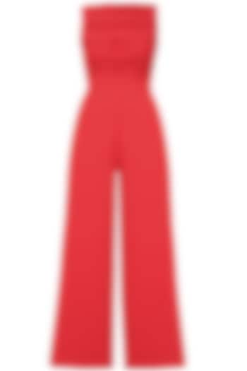 Crimson red rombo textured wide legged jumpsuit by Swatee Singh
