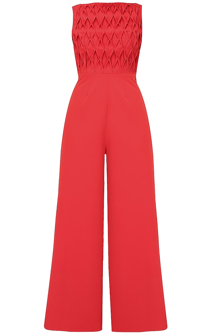 Crimson red rombo textured wide legged jumpsuit by Swatee Singh