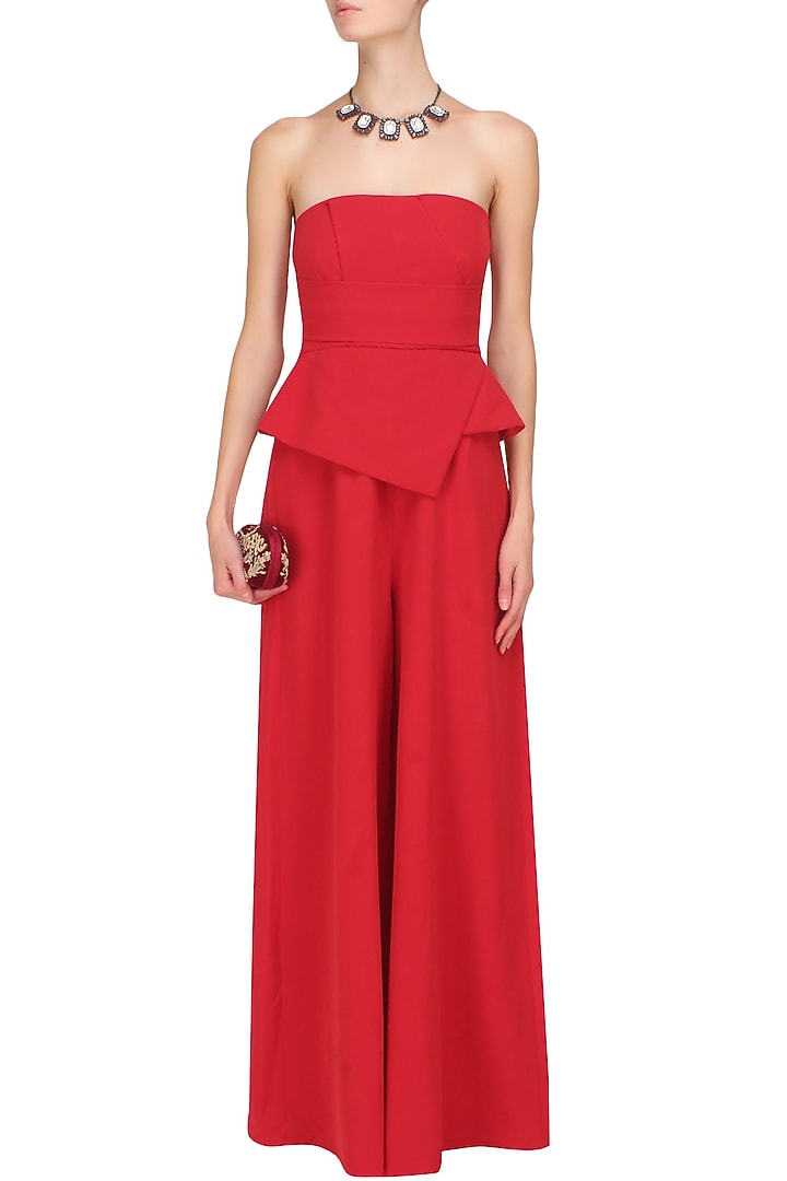Crimson red tube panel with overlapped peplum jumpsuit available only at Pernia's Pop Up Shop.