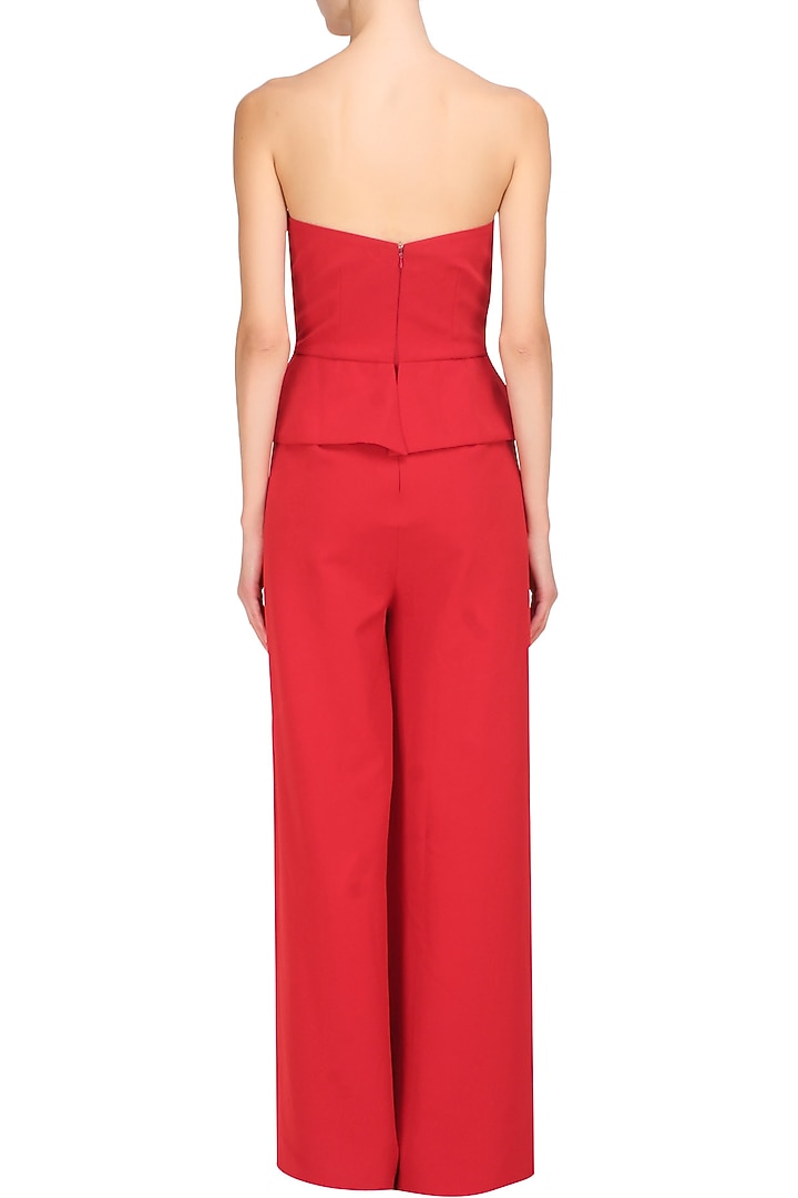 Crimson red tube panel with overlapped peplum jumpsuit available only at Pernia's Pop Up Shop.