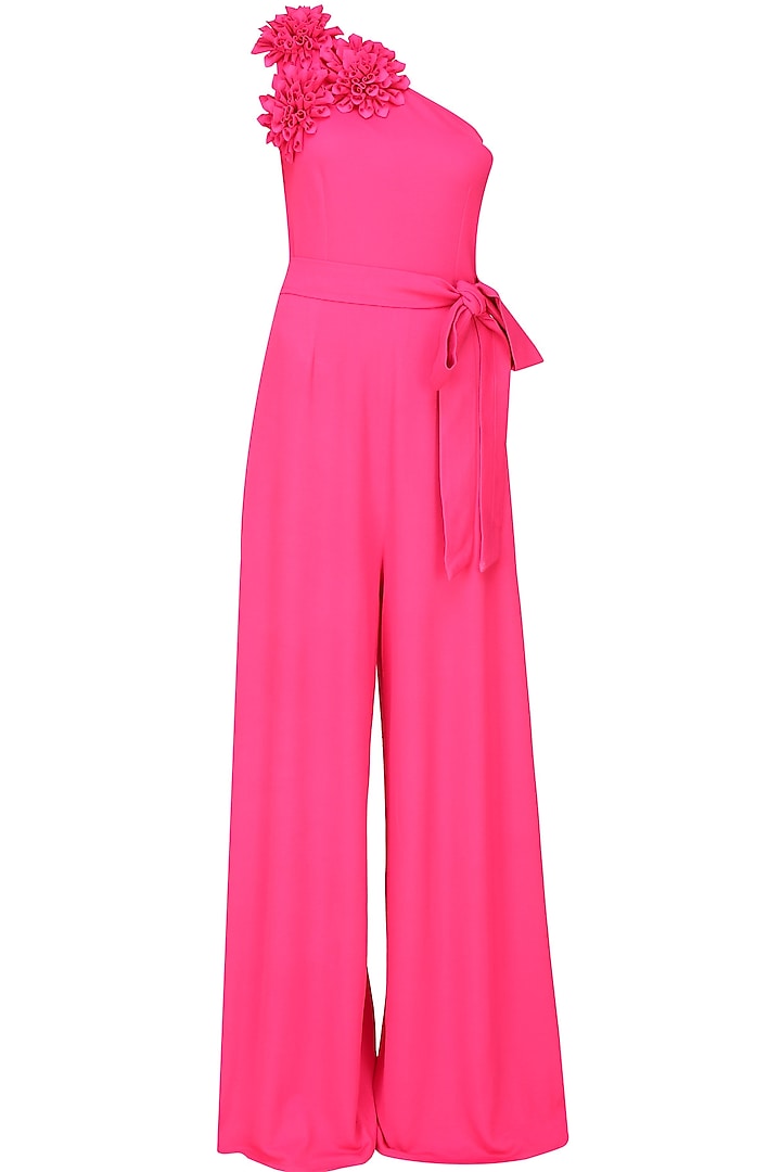 Fuchsia pink one shoulder floral applique work jumpsuit by Swatee Singh