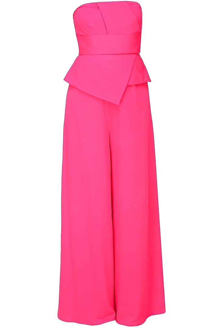Fuchsia pink tube panel with overlapped peplum jumpsuit by Swatee Singh