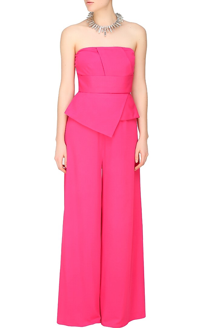 Fuschia pink tube panel with overlapped peplum jumpsuit available only at Pernia's Pop Up Shop.