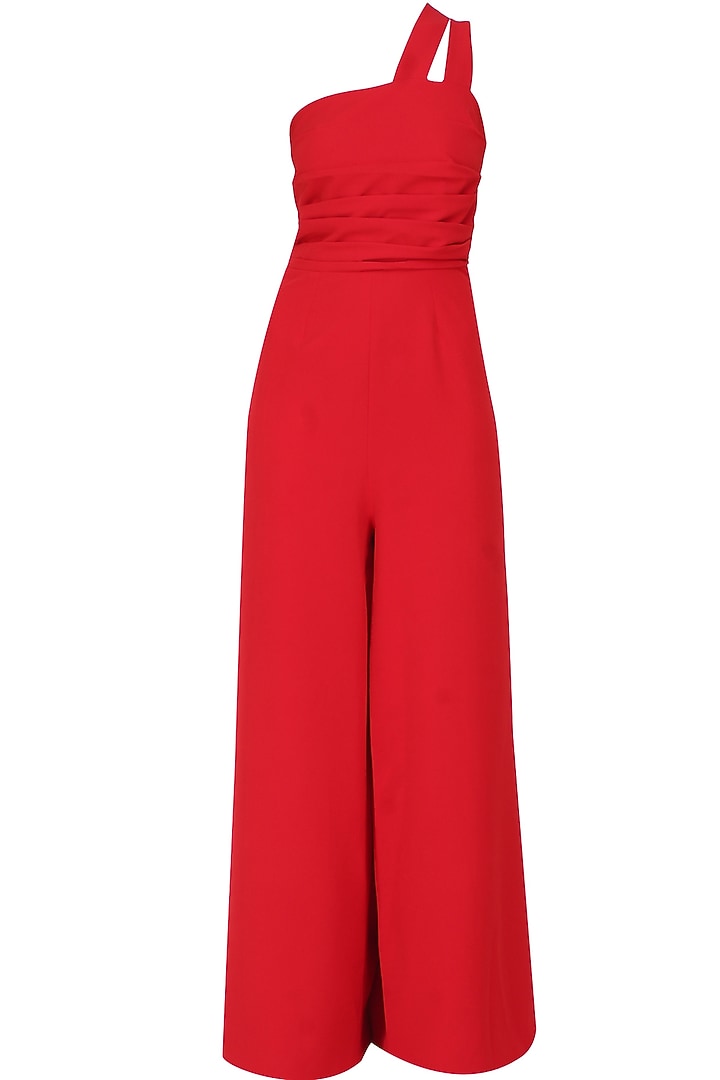 Crimson red double strap pleated wide legged jumpsuit available only at Pernia's Pop Up Shop.