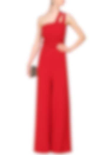 Crimson red double strap pleated wide legged jumpsuit by Swatee Singh