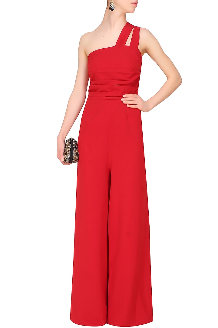 Crimson red double strap pleated wide legged jumpsuit by Swatee Singh
