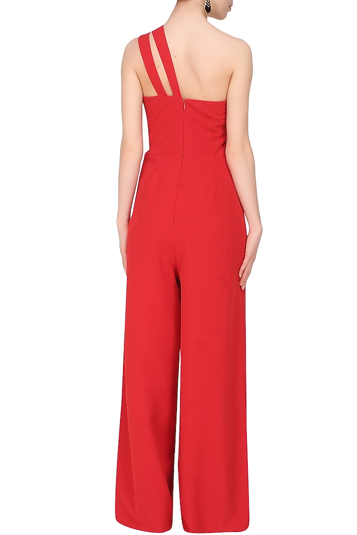 Crimson red double strap pleated wide legged jumpsuit available only at Pernia's Pop Up Shop.