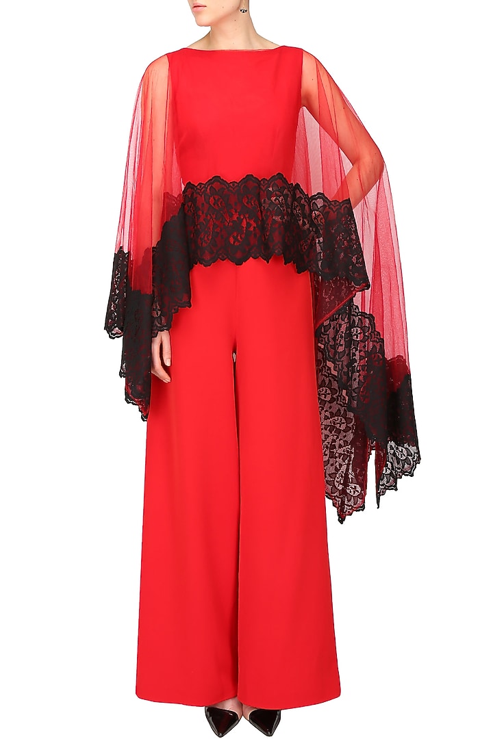 Crimson red and black lace applique work cape jumpsuit available only at Pernia's Pop Up Shop.